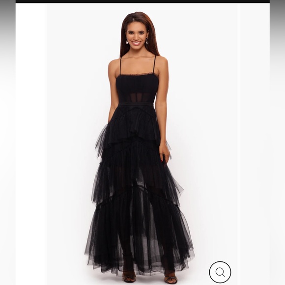 Betsy & Adam “ Jasmine” Long Spaghetti Strap Mesh Corset Gown - Picture 1 of 2